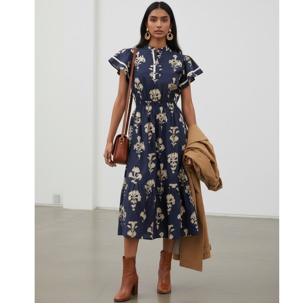 NWT Umgee Navy Floral Print Cotton Midi Dress Flutter Sleeve L